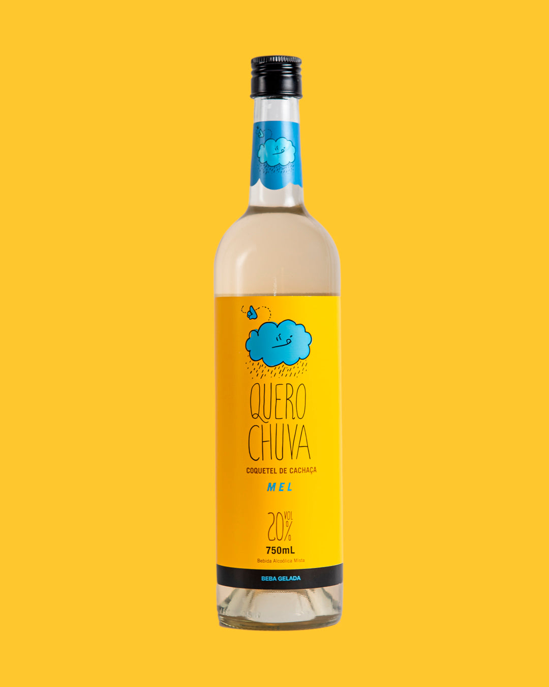 Garrafa Quero Chuva Mel 750 ml em fundo amarelo — à base de cachaça, pronta para beber